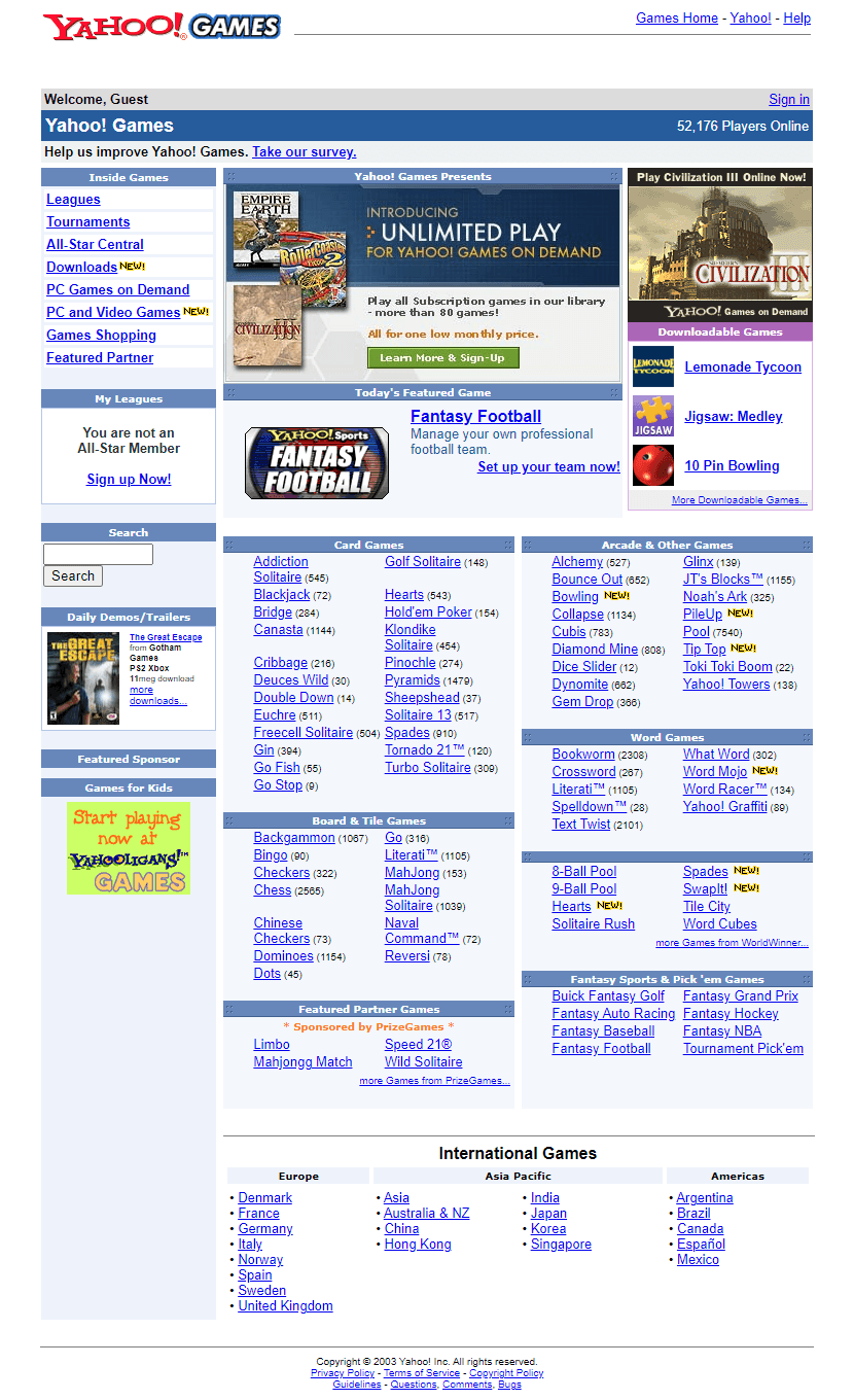 Yahoo! Games website in 2003