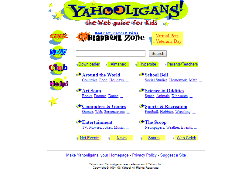 Yahooligans website in 1998