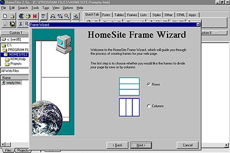 Allaire HomeSite 2.5a – Frame Wizard