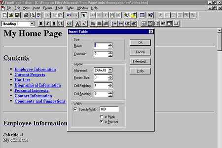 Microsoft FrontPage 1.1 – Insert Table