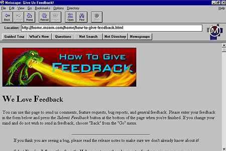 Mosaic Netscape version 0.9 beta – Netscape: Give us Feedback!