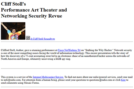 Cliff Stoll's Performance Art Theater and Networking Security Revue website in 1994