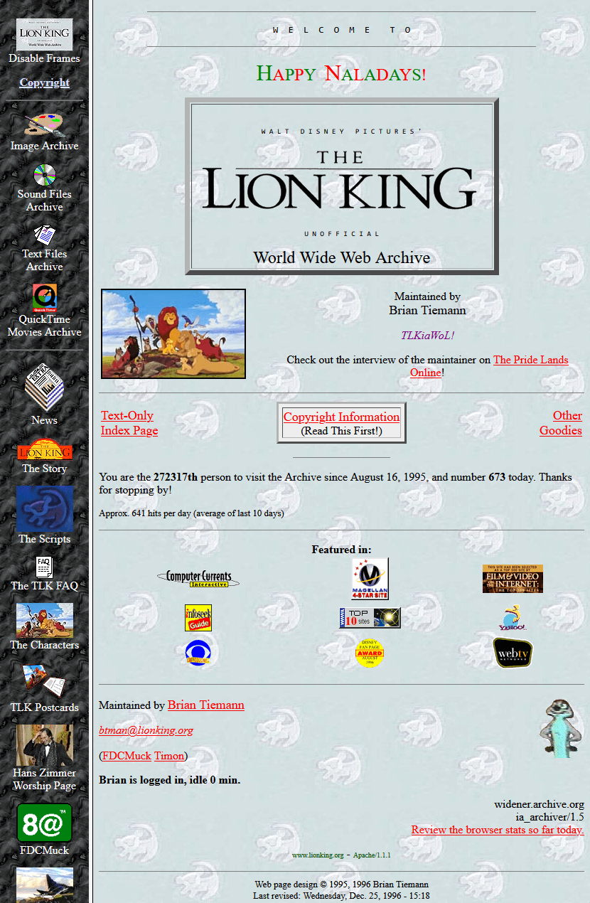 The Lion King WWW Archive website in 1996
