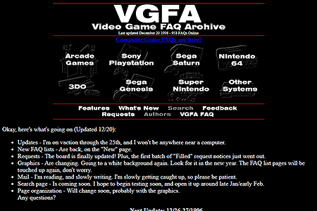 Video Game FAQ Archive website in 1996