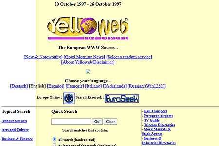 Yelloweb Europe Directory website in 1997