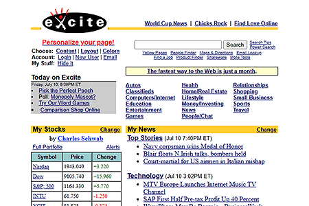 Excite website in 1998