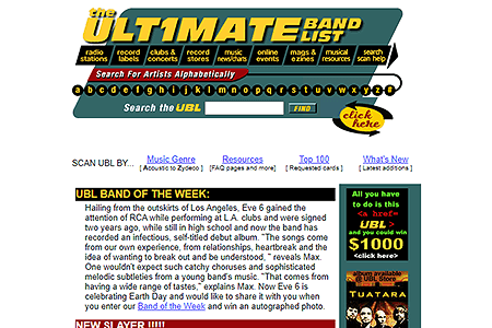 The Ultimate Band List website in 1998