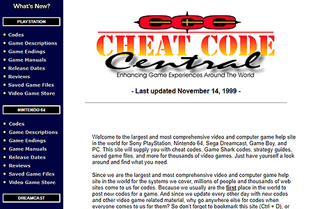Cheat Code Central website in 1999