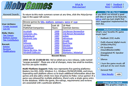 MobyGames website in 1999