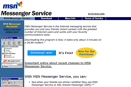 MSN Messenger website in 1999