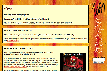 Korn website in 2000