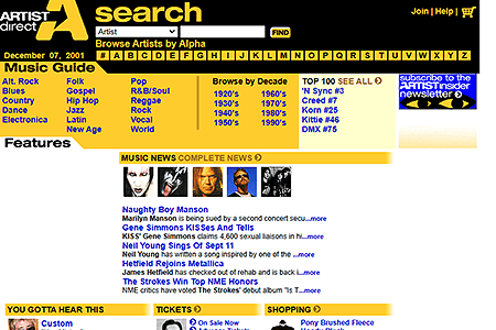 ARTISTdirect website in 2001