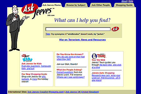Ask Jeeves website in 2001