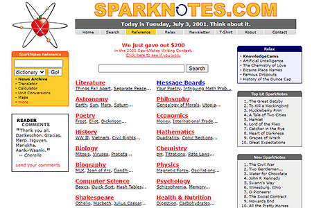 SparkNotes website in 2001