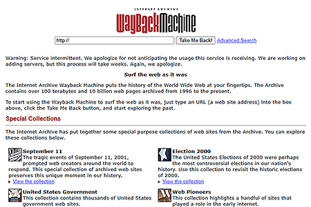 Wayback Machine website in 2001