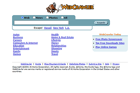 WebCrawler website in 2001
