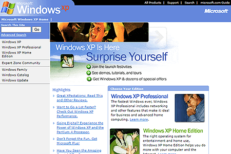 Windows XP Home Page in 2001