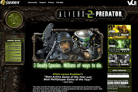 Alien vs. Predator 2 website in 2003