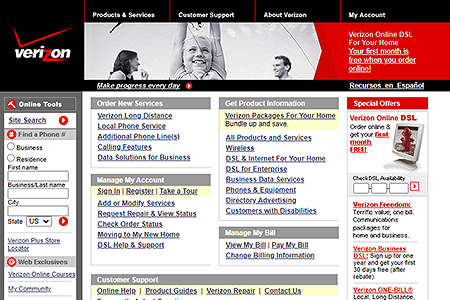 Verizon website in 2003