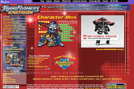 Transformers Energon website in 2004
