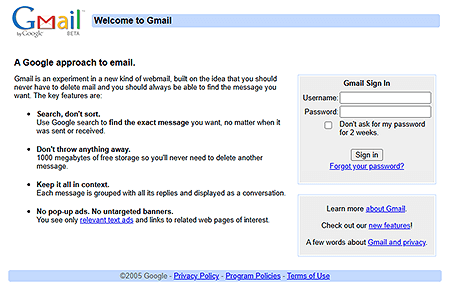 Gmail website in 2005