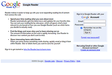 Google Reader website in 2005