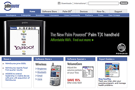 PalmSource website in 2005