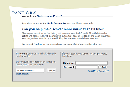Pandora website in 2005