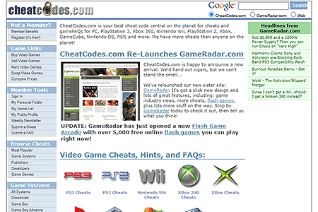 CheatCodes.com website in 2007