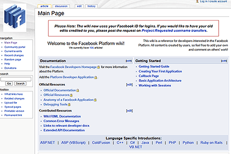 Facebook Developers Wiki website in 2007