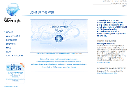 Microsoft Silverlight website in 2007
