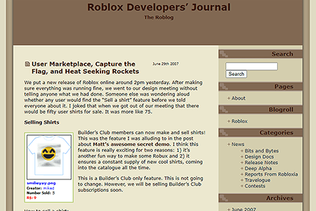 Roblox Developers' Journal website in 2007