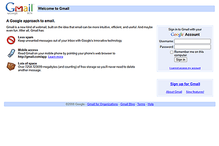 Gmail website in 2008
