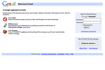 Gmail website in 2009