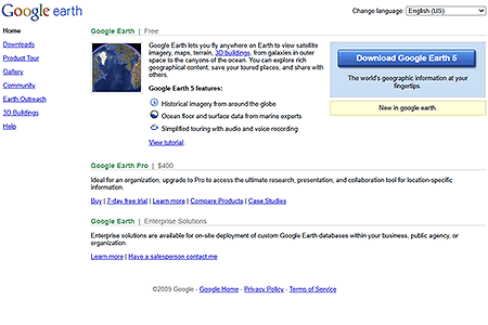Google Earth website in 2009