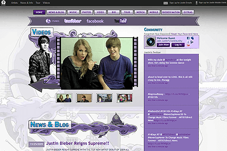 Justin Bieber website in 2009