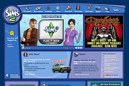 The Sims 2 website in 2010