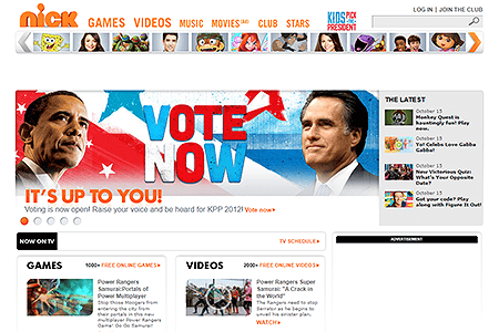 Nickelodeon website in 2012