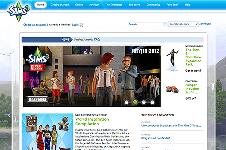 The Sims 3 website in 2012