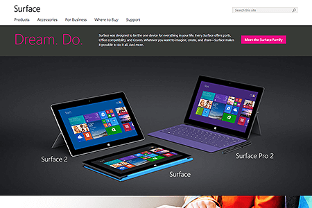 Microsoft Surface website in 2013