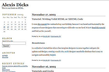 Alexis Dicks website in 2003