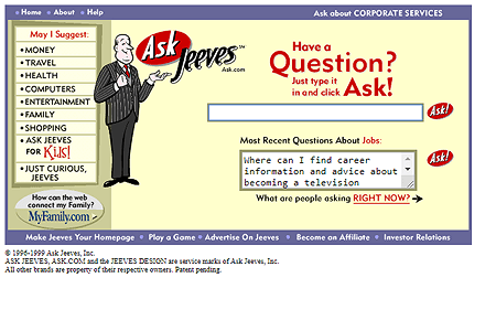 Ask Jeeves website in 1999