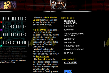 Fox Movies website in 1998