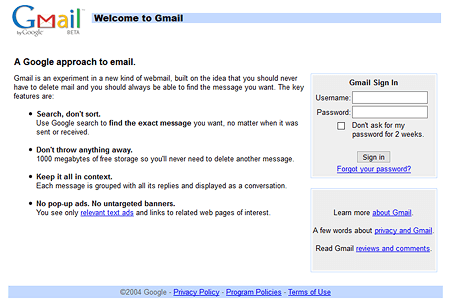Gmail website in 2004