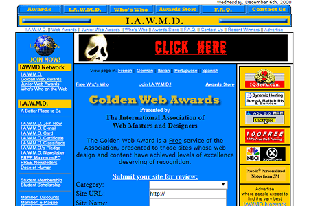 Golden Web Awards website in 2000