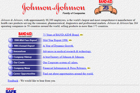 Johnson & Johnson website in 1996