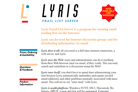 Lyris website in 1996