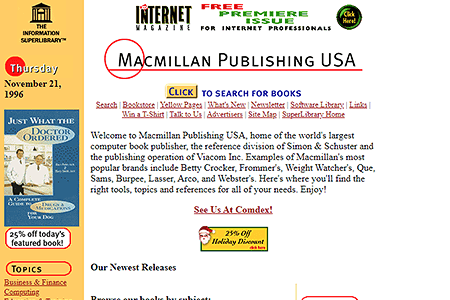Macmillan Publishing USA website in 1996