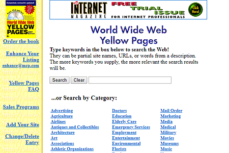 World Wide Web Yellow Pages website in 1996