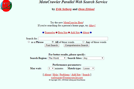 MetaCrawler website in 1996